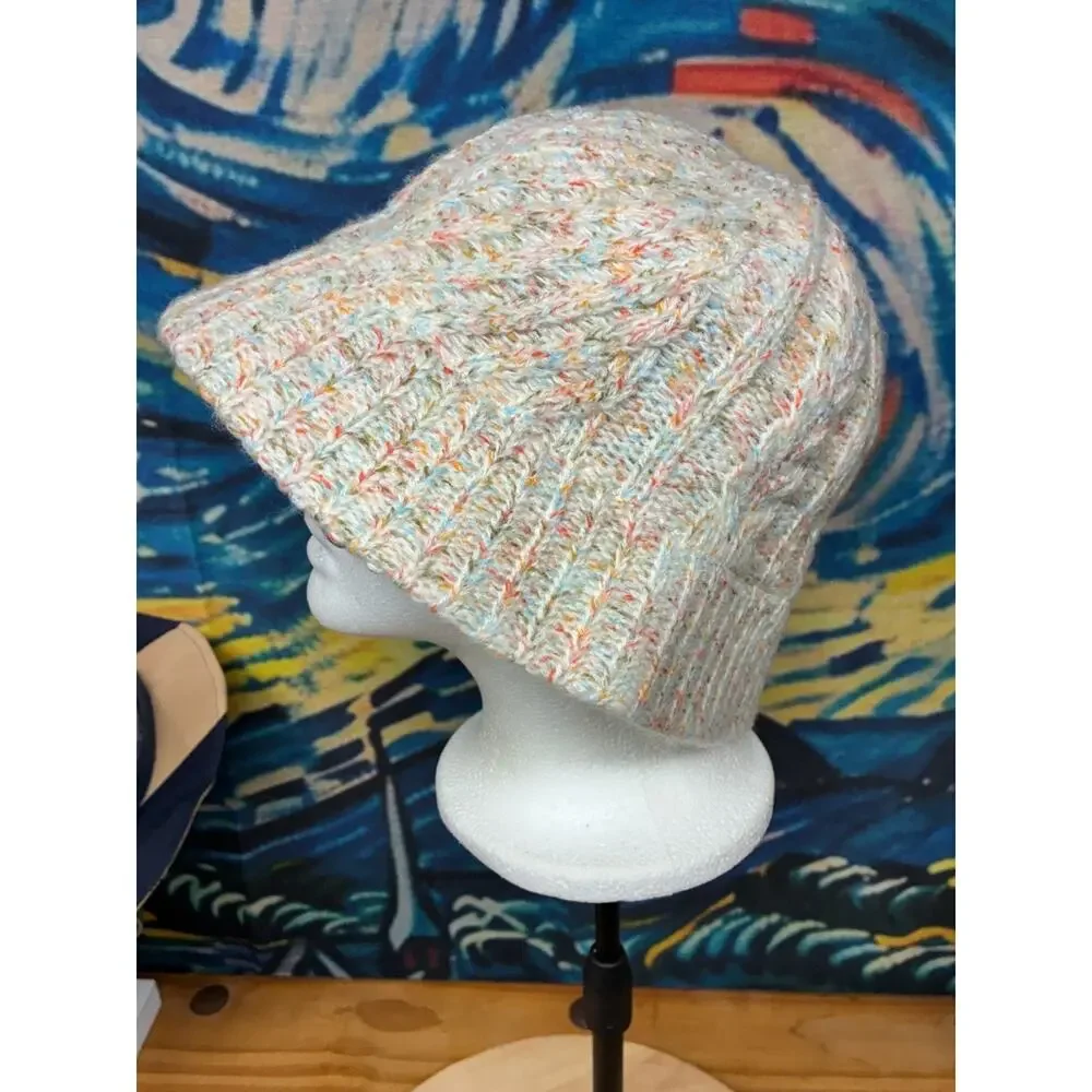 Lands End Knit Bucket Hat L XL Confetti Fleck Fleece Lined Winter Cloche